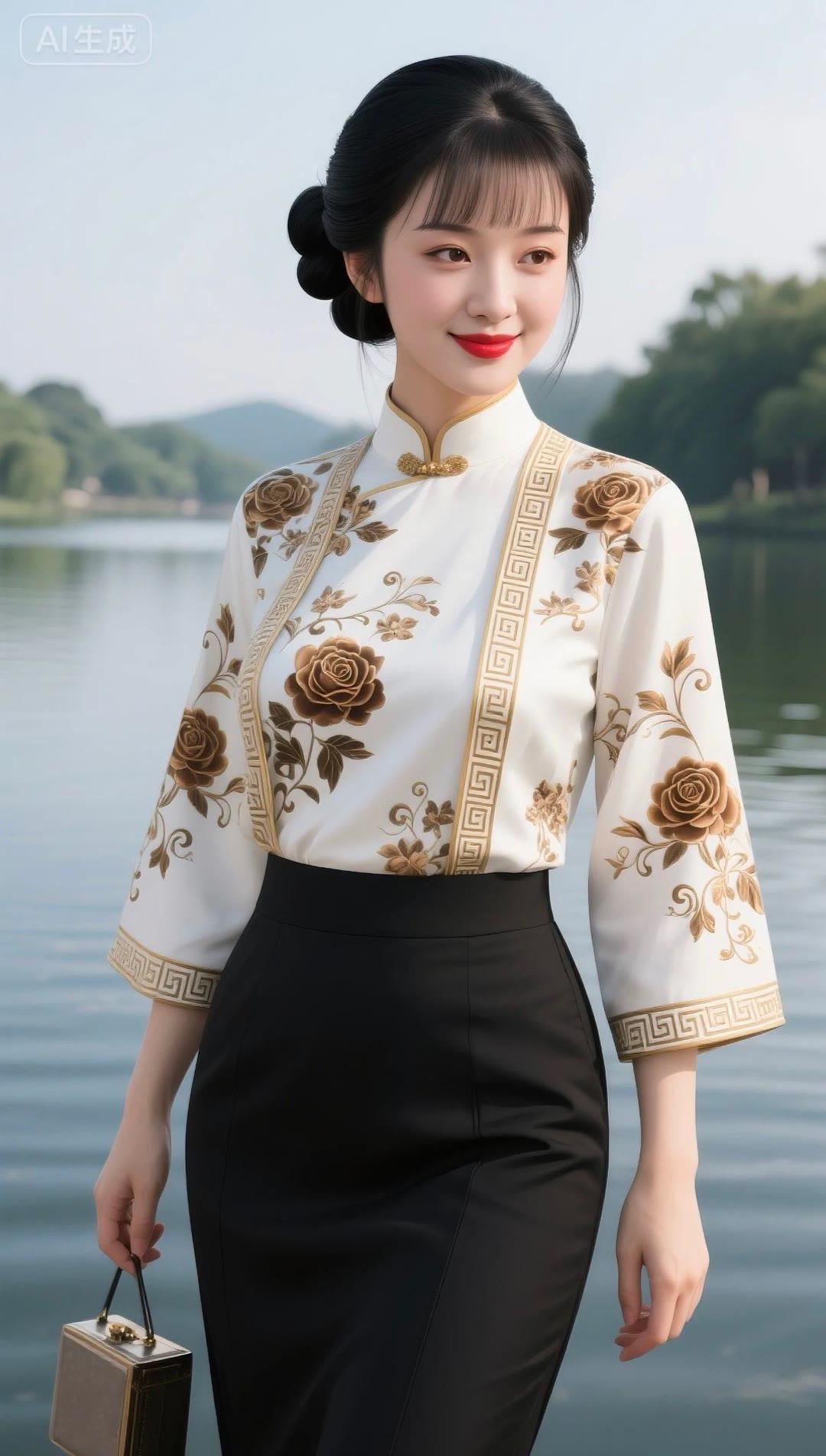 湖畔佳人立，金衣映碧波。