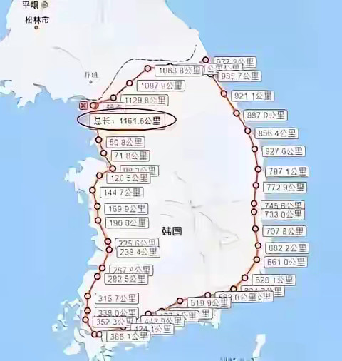 韩国的面积真大啊！开着车绕着全国跑一圈竟然1161.5公里的路程，需要整整近两天