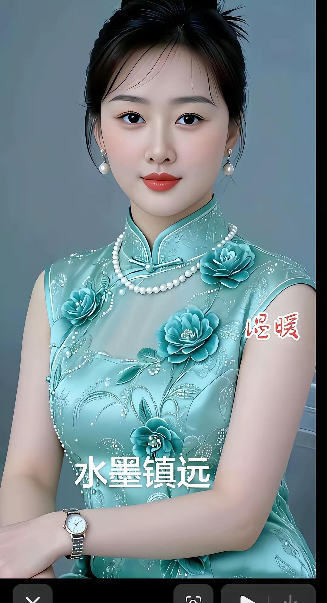 这位姐姐穿着蓝色旗袍，真优雅！