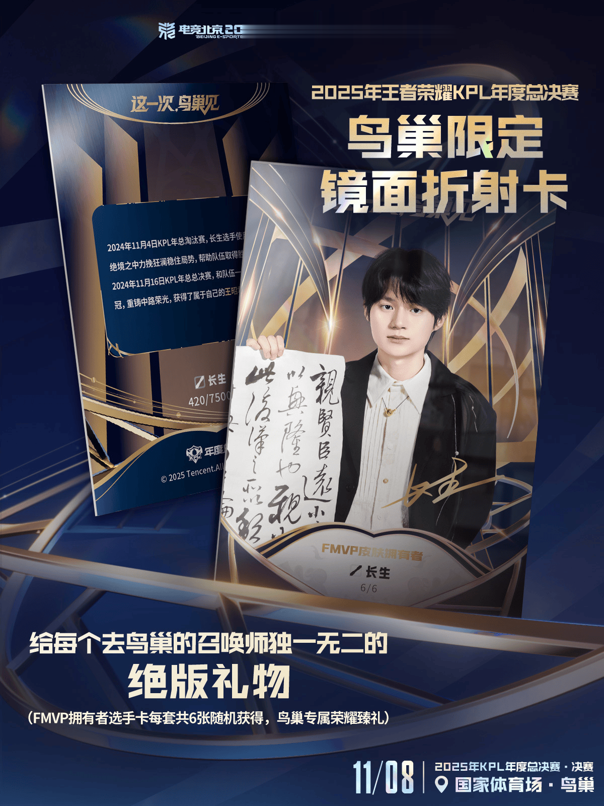 KPL官宣鸟巢年总FMVP限定卡: Fly/Cat/暖阳/花海/一诺/长生