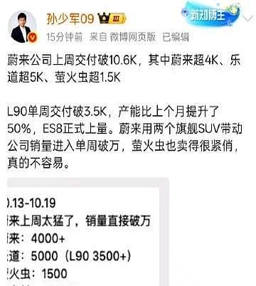 蔚来一周卖了一万台车。新员工多到办公室坐不下，要去食堂面试。就这两个消息放一
