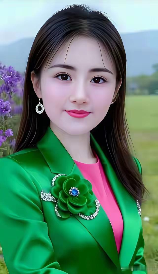 绿衣美人花间立，笑语盈盈意自闲。