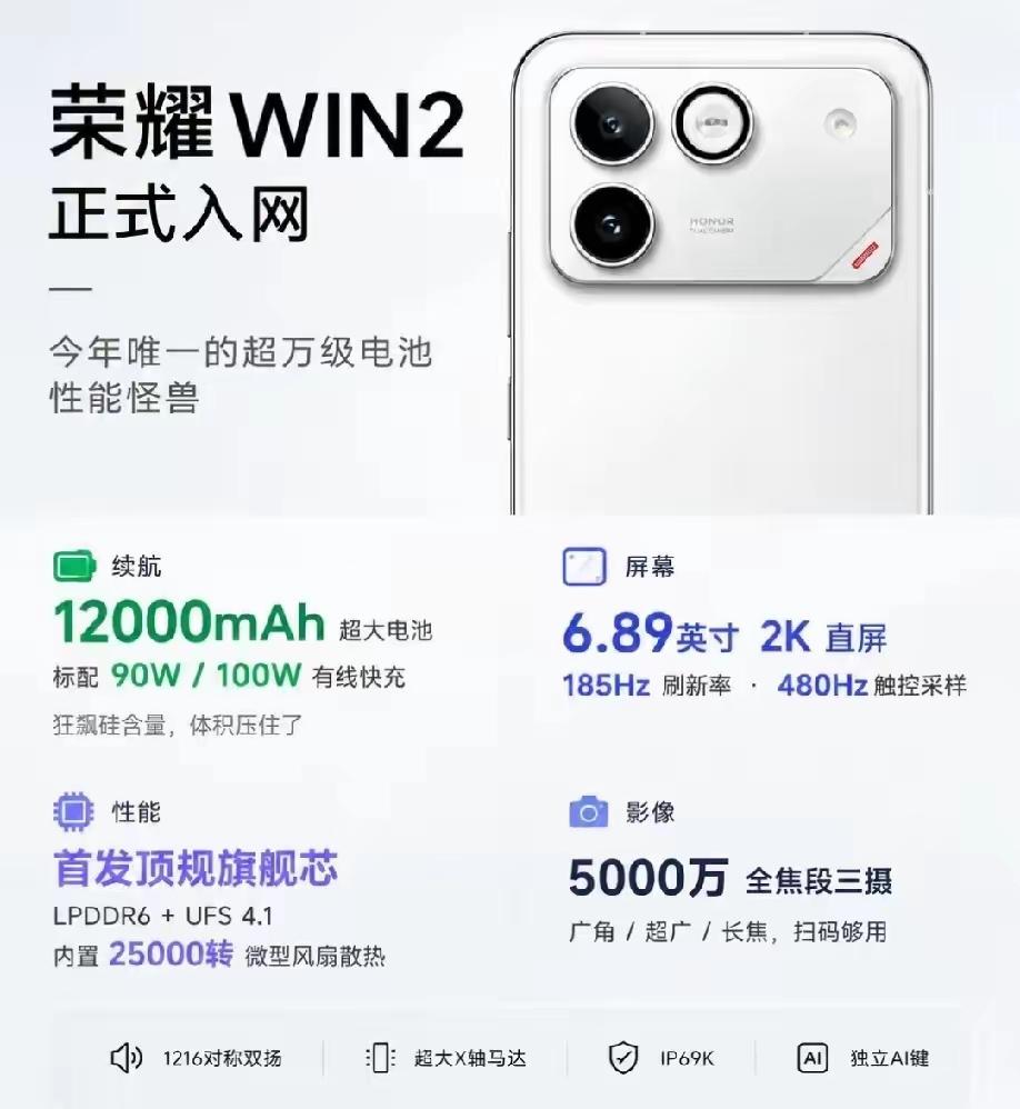 荣耀WIN2，12000mAh超大电池，性能怪兽来了先说说最炸的续航。它直