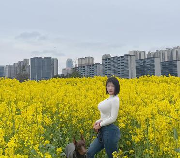 我在浪漫的黄花海中，和狗狗的合影，心情美美哒！