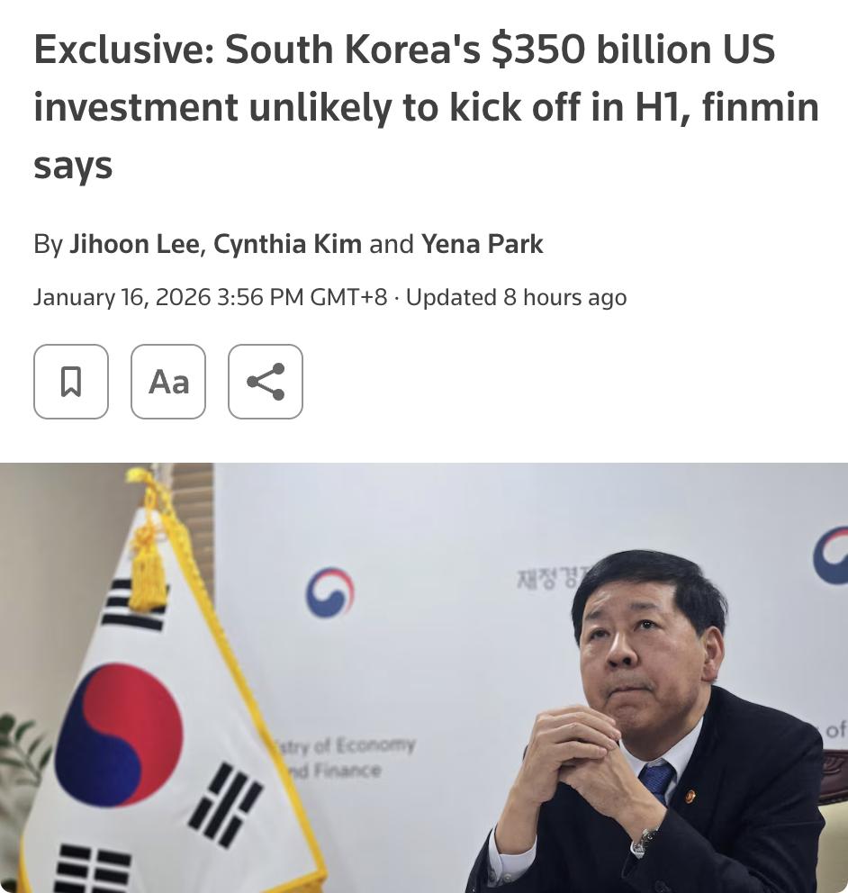 外媒：韩国财长称，韩国原计划于2026年上半年在美国战略领域投资3500亿美元的