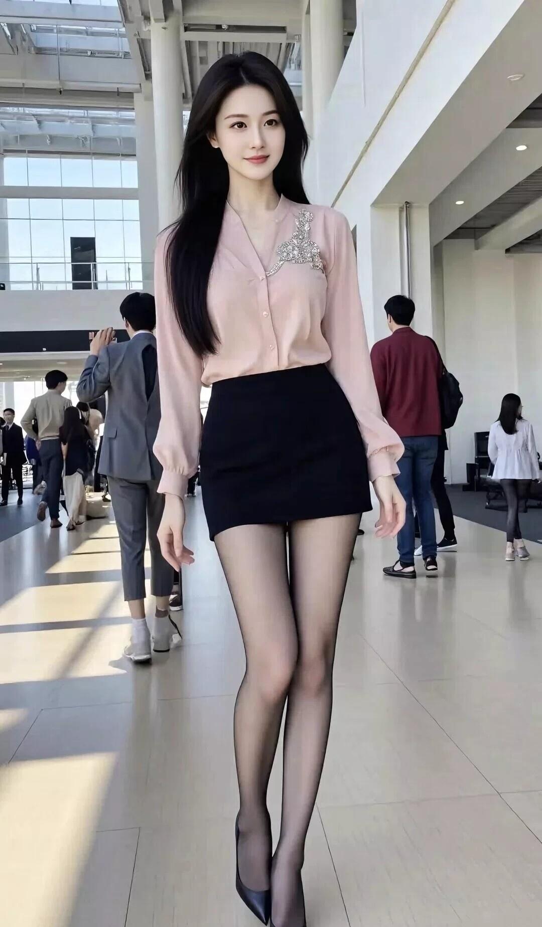 柔粉缎面衬衫缀着精致钻饰，搭配黑短裙与黑丝，把温柔与干练揉成独有的步调，在人来人