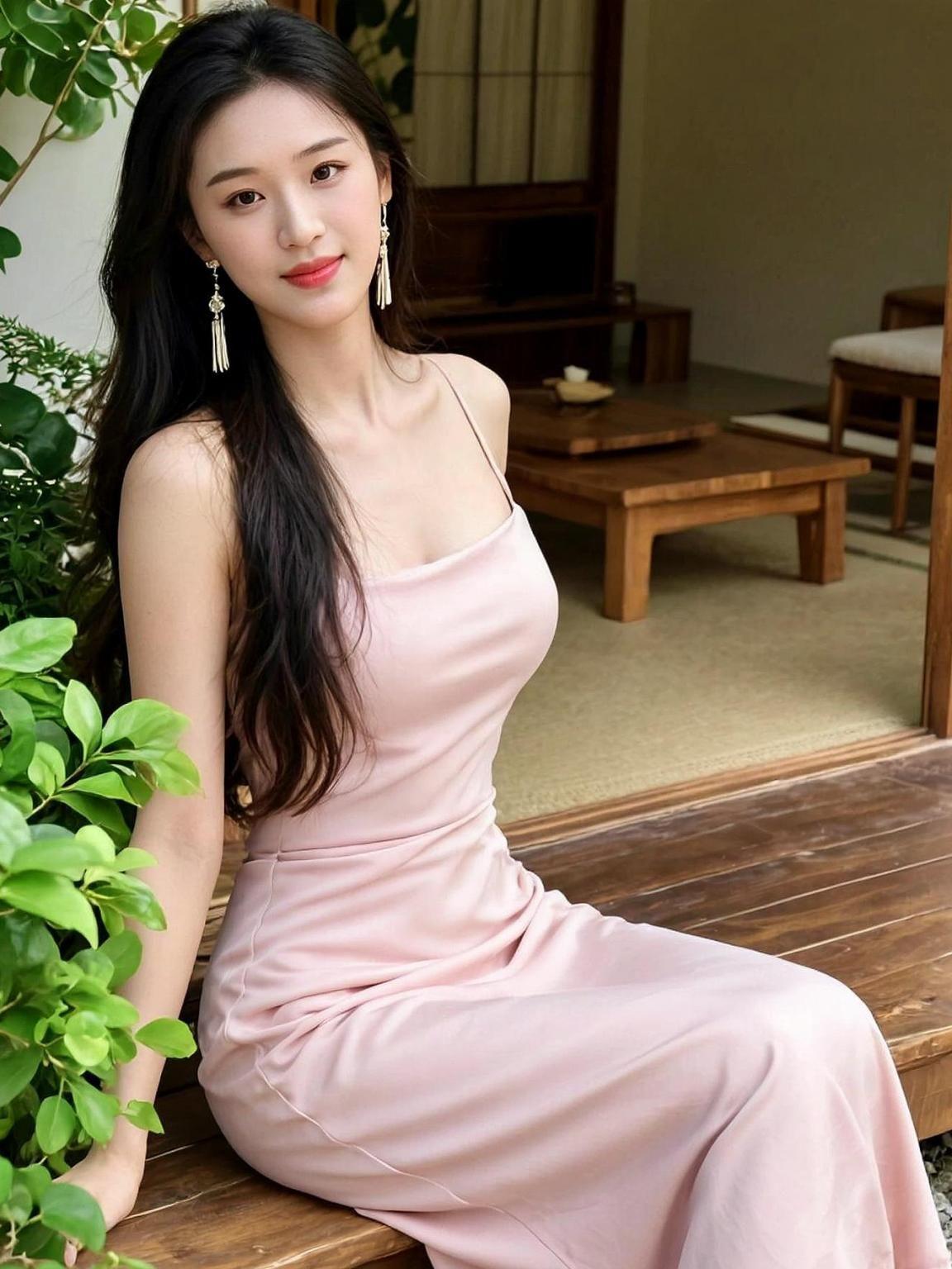 阳光洒在木质地板上，绿色植物环绕，营造出一种宁静的氛围。身穿粉色吊带裙的她，仿佛