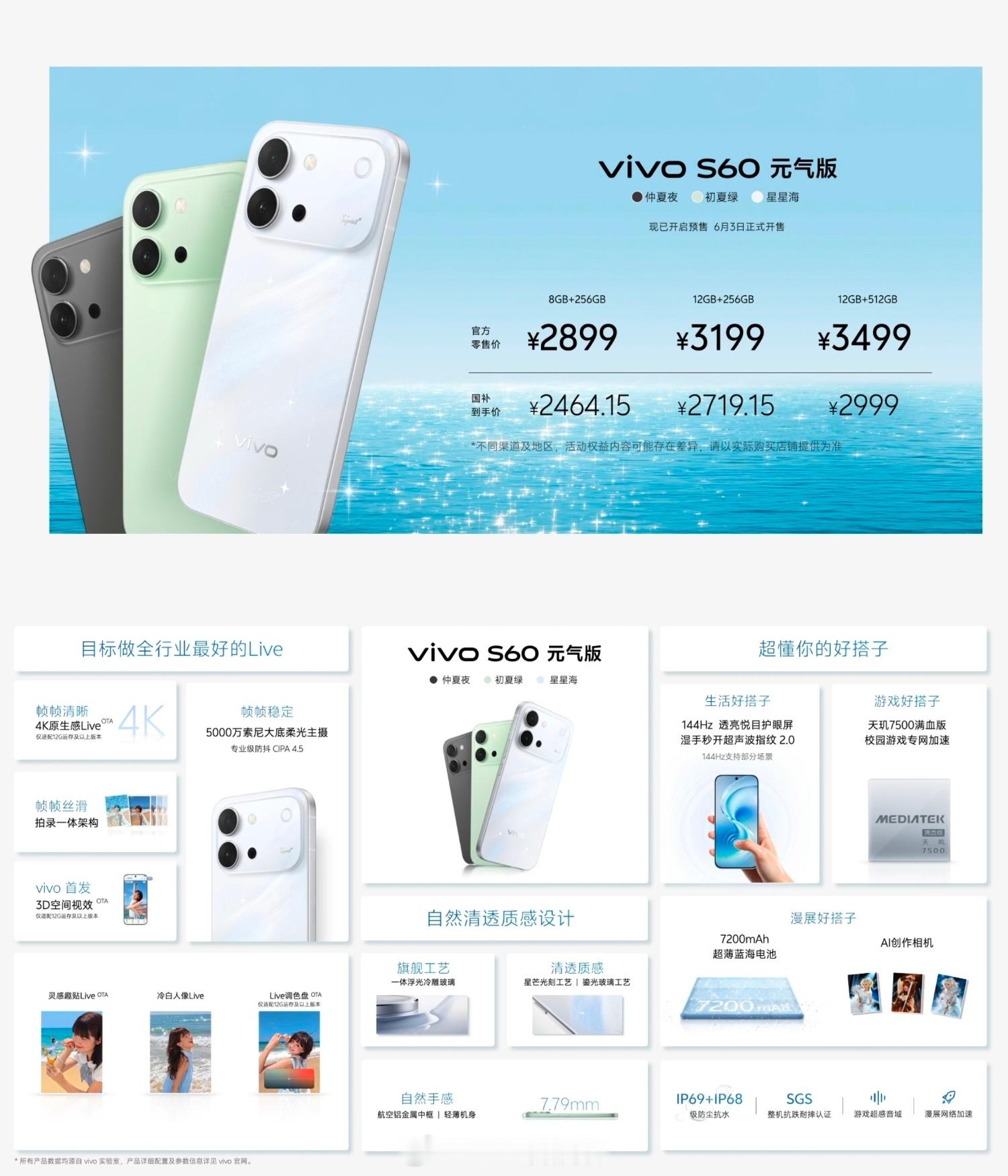vivoS60系列价格来了，怎么样？S60：3599起，第三代骁龙8s，有潜望