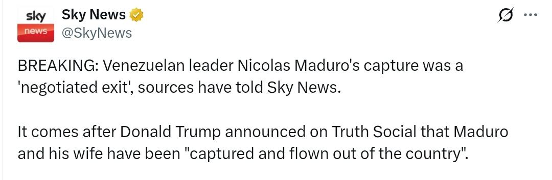 突发新闻：据天空新闻报道，消息人士透露，委内瑞拉领导人尼古拉斯·马杜罗被捕是“通