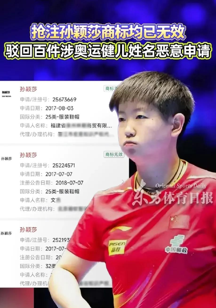 抢注孙颖莎商标？有头脑，有眼光，但不通过！孙颖莎太火了，从2017年起就有公