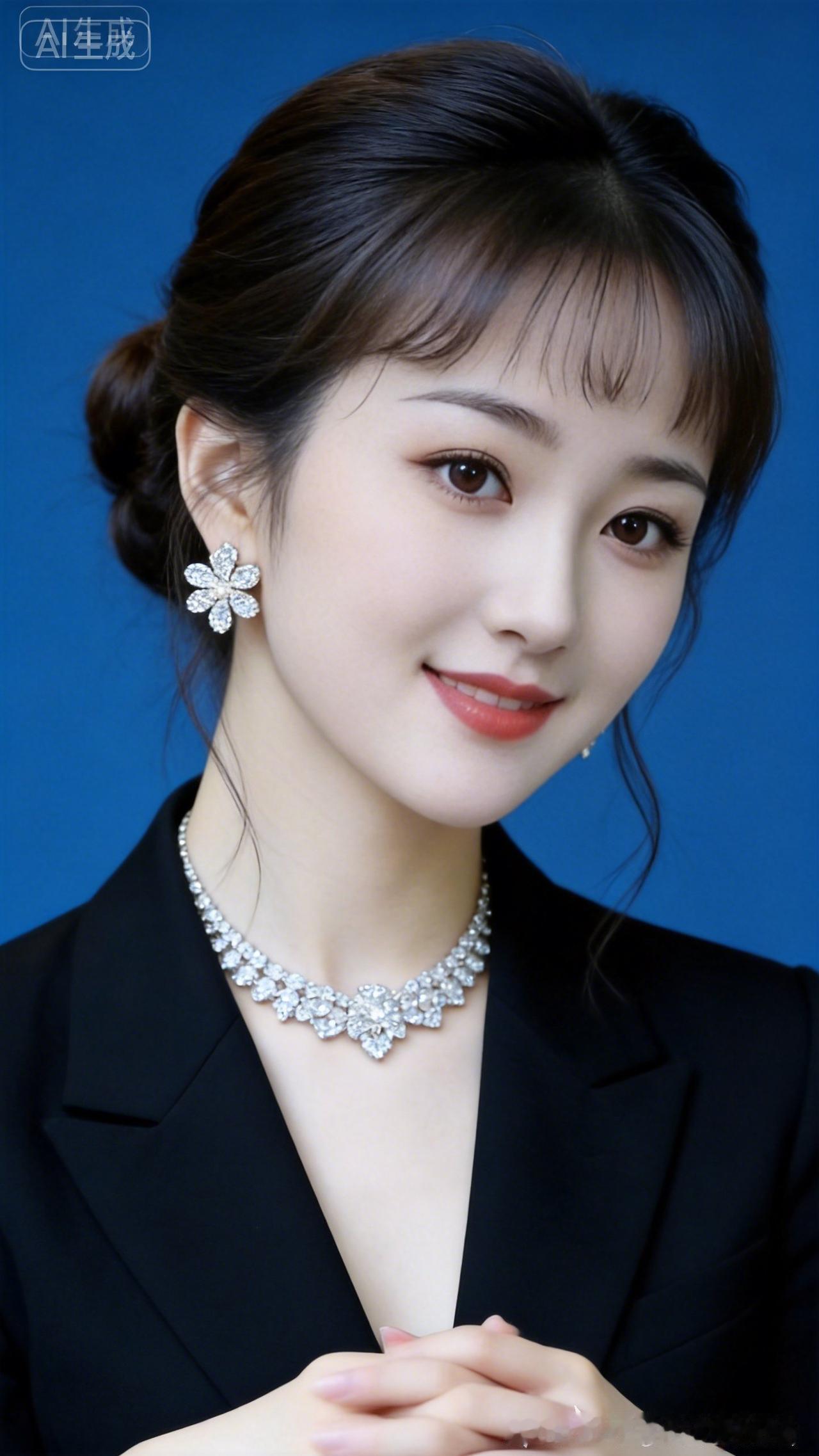 这笑容太甜啦！黑西装搭配钻石项链，精致又温柔，妥妥的职场女神范儿呀。