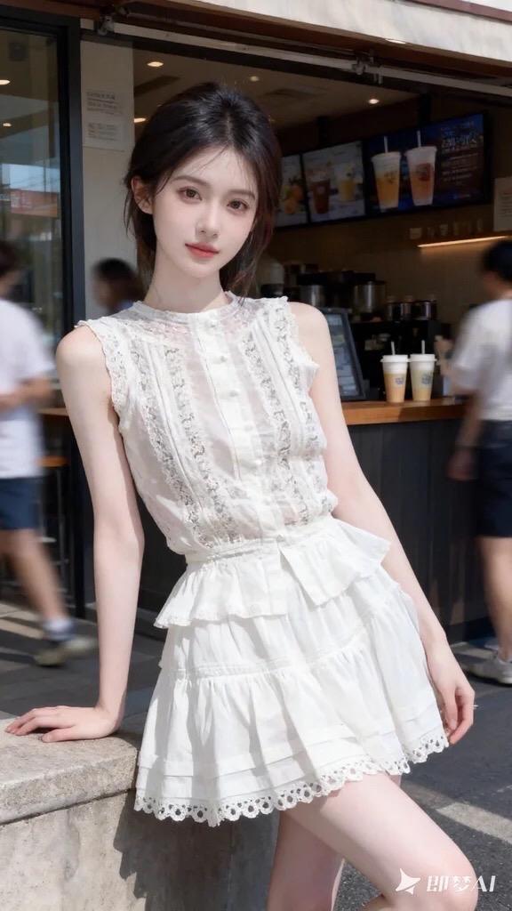 网红白裙造型白裙甜心甜美白裙造型甜美白裙奶茶甜美少女