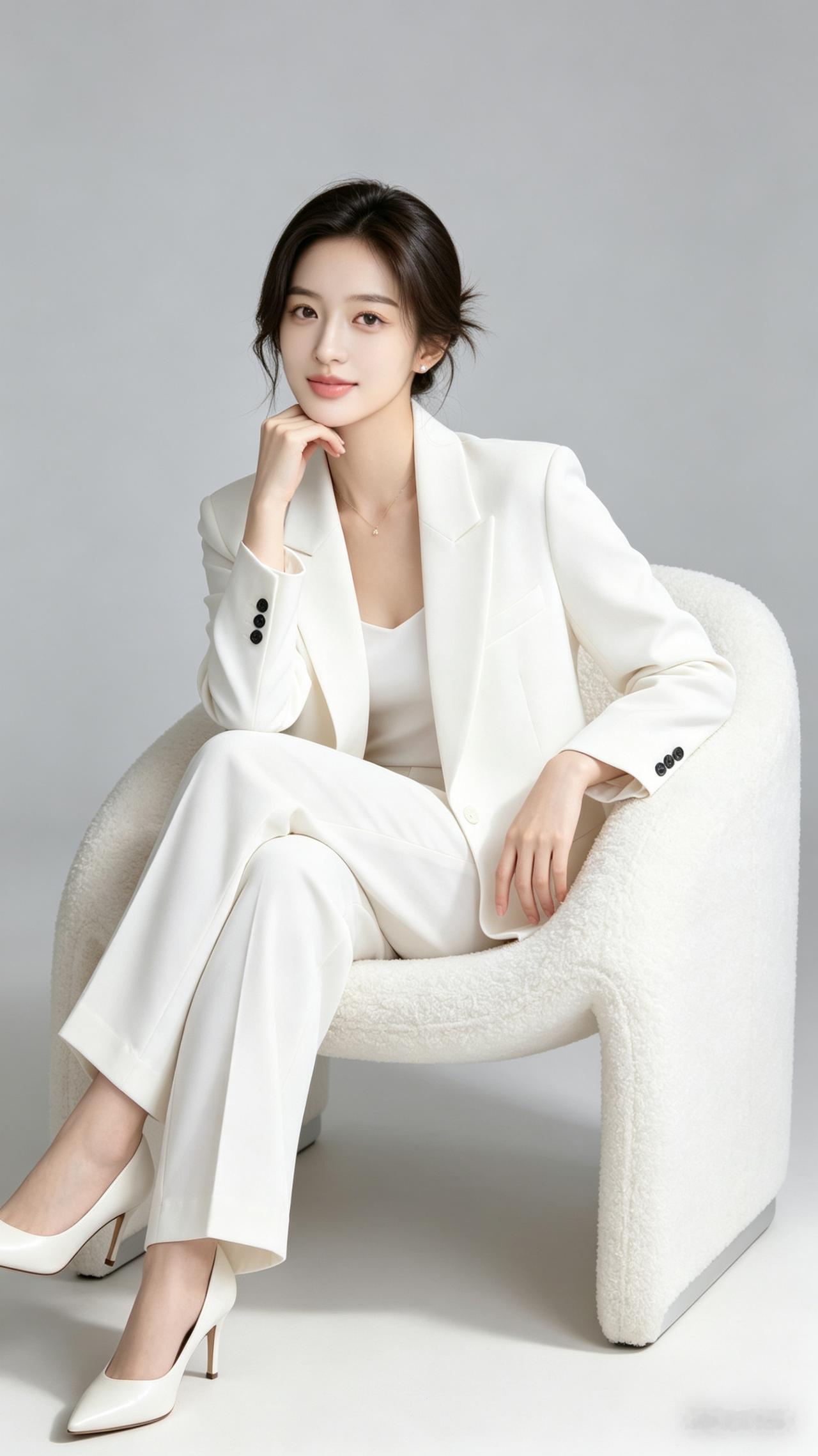 优雅白领风，白色西装套装搭配高跟鞋，尽显职场魅力！