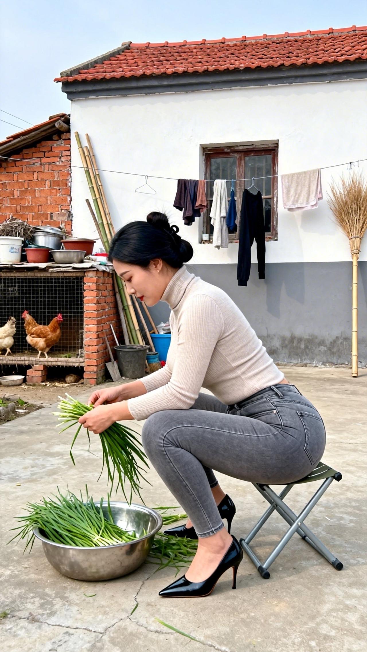 庭院的风裹着烟火气漫过，指尖轻理鲜翠的青韭，把日常的温柔揉进每一片叶瓣里。檐下鸡