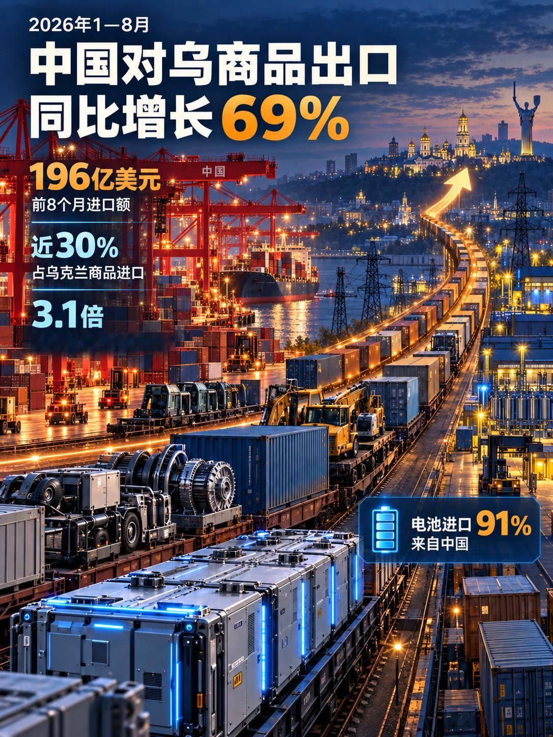 中国占乌克兰商品进口近三成前八个月进口额同比增长69%，设备与储能产品成为重要支撑乌克兰国家海关署数