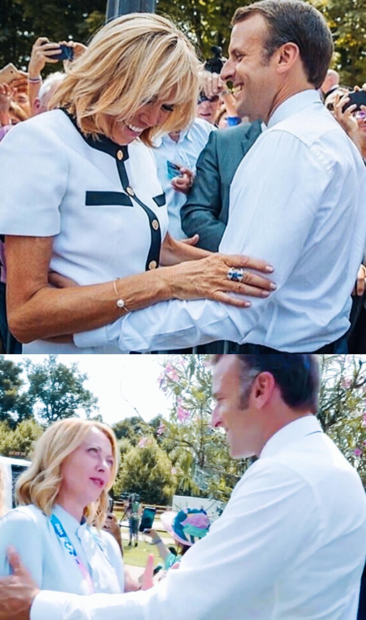 马克龙面对布丽吉特笑的开心呢？还是面对梅洛尼笑的开心呢？一身白色衬衣装扮的马克