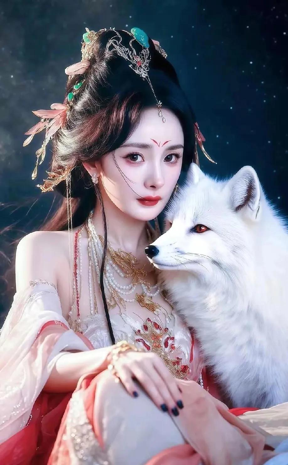 救命！杨幂这组狐狸扮相直接杀疯了💥金饰点缀的发冠华贵又灵动，纱裙飘带仙气飘