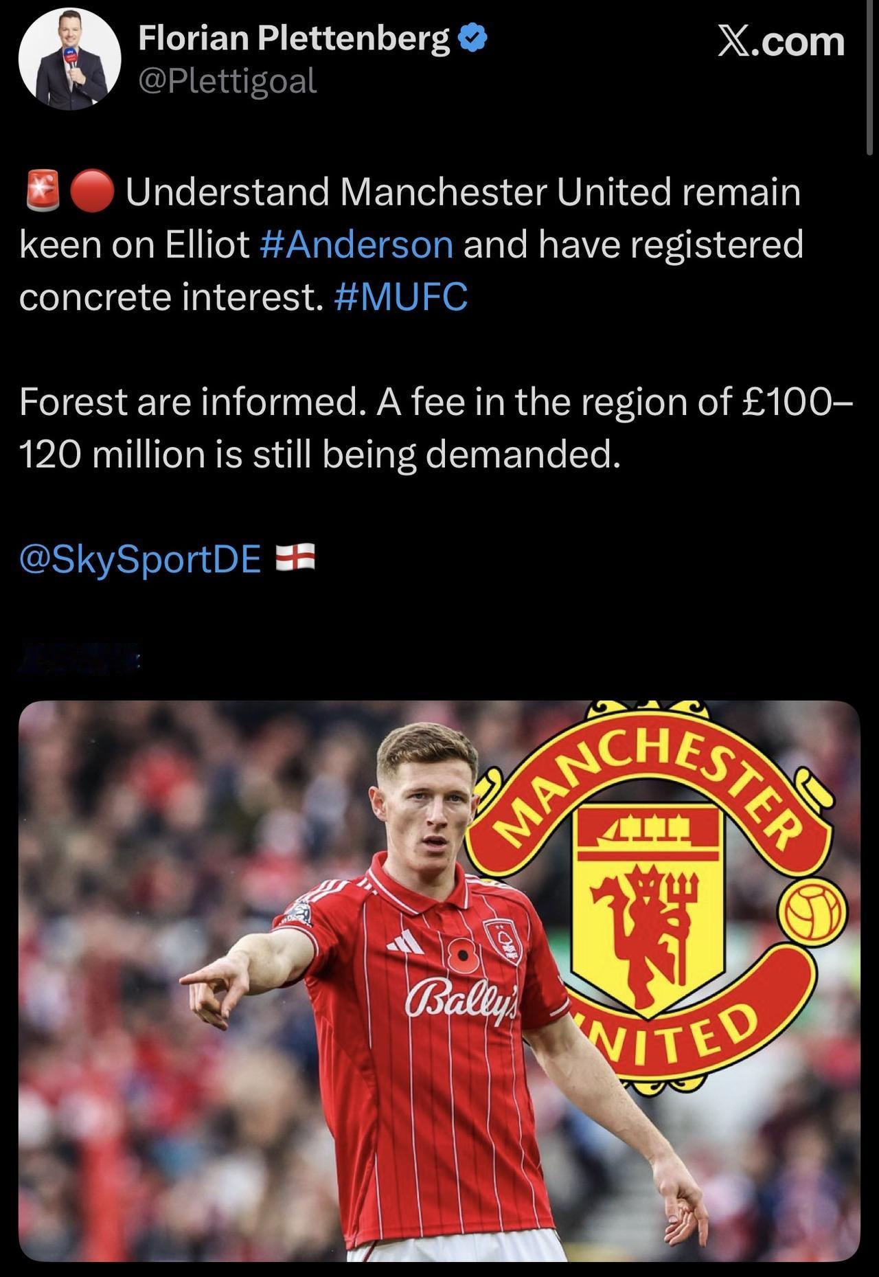 天空体育的报道：据了解，曼联仍然对安德森很感兴趣，并且已经表达了具体的兴趣。