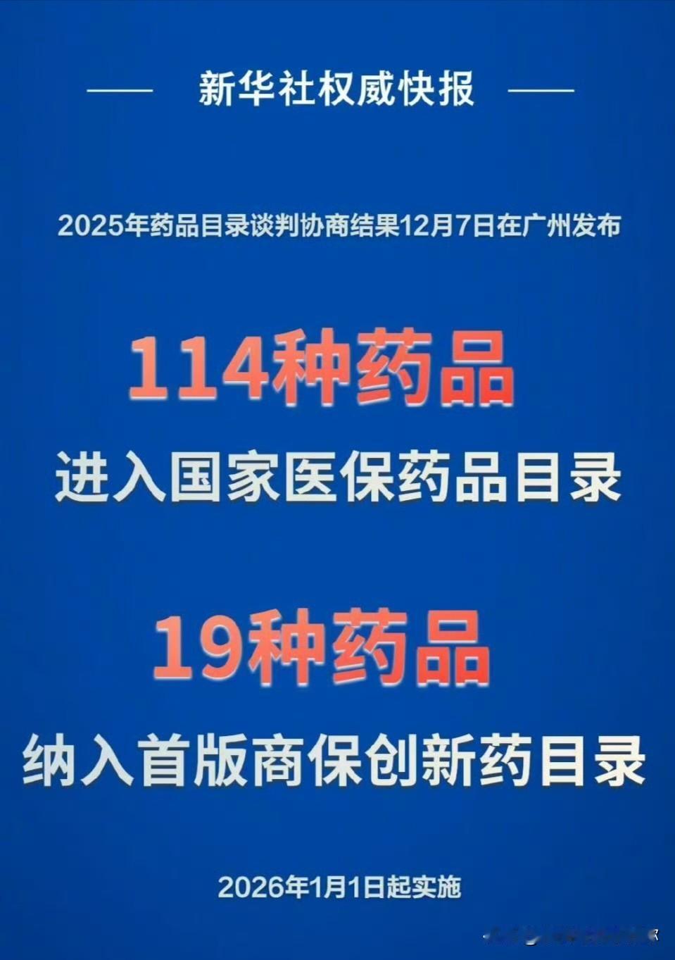 医保目录的新变化来了，114种药新加进去，明年1月1号开始用。这次新加入