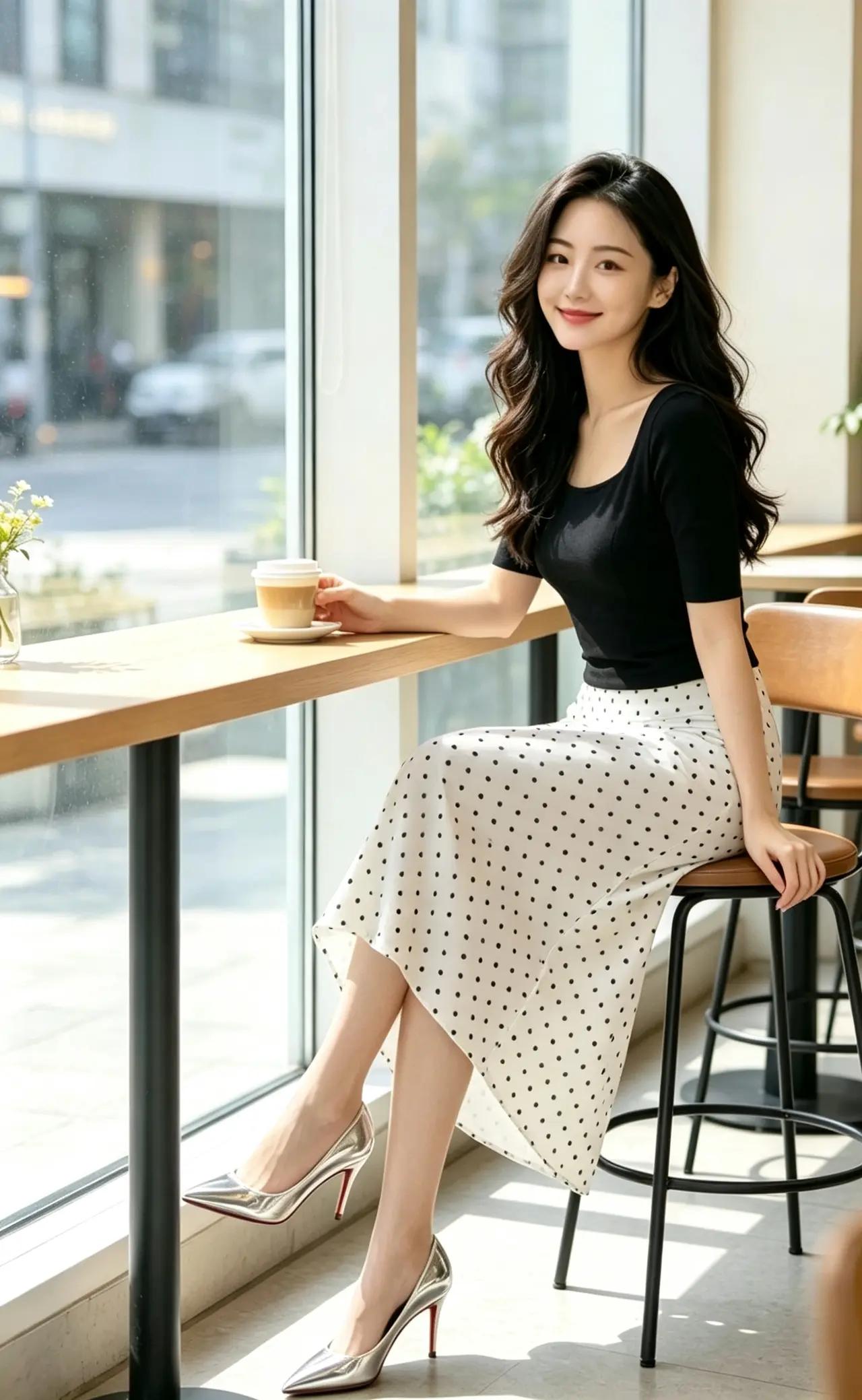 她在咖啡馆享受阳光和咖啡。清纯甜美生活