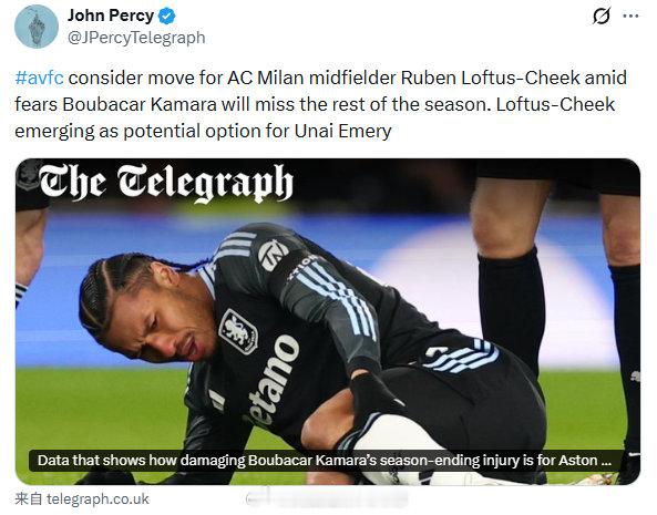 【维拉考虑引进奇克】《电讯报》JohnPercy消息：阿斯顿维拉主力后腰布巴卡