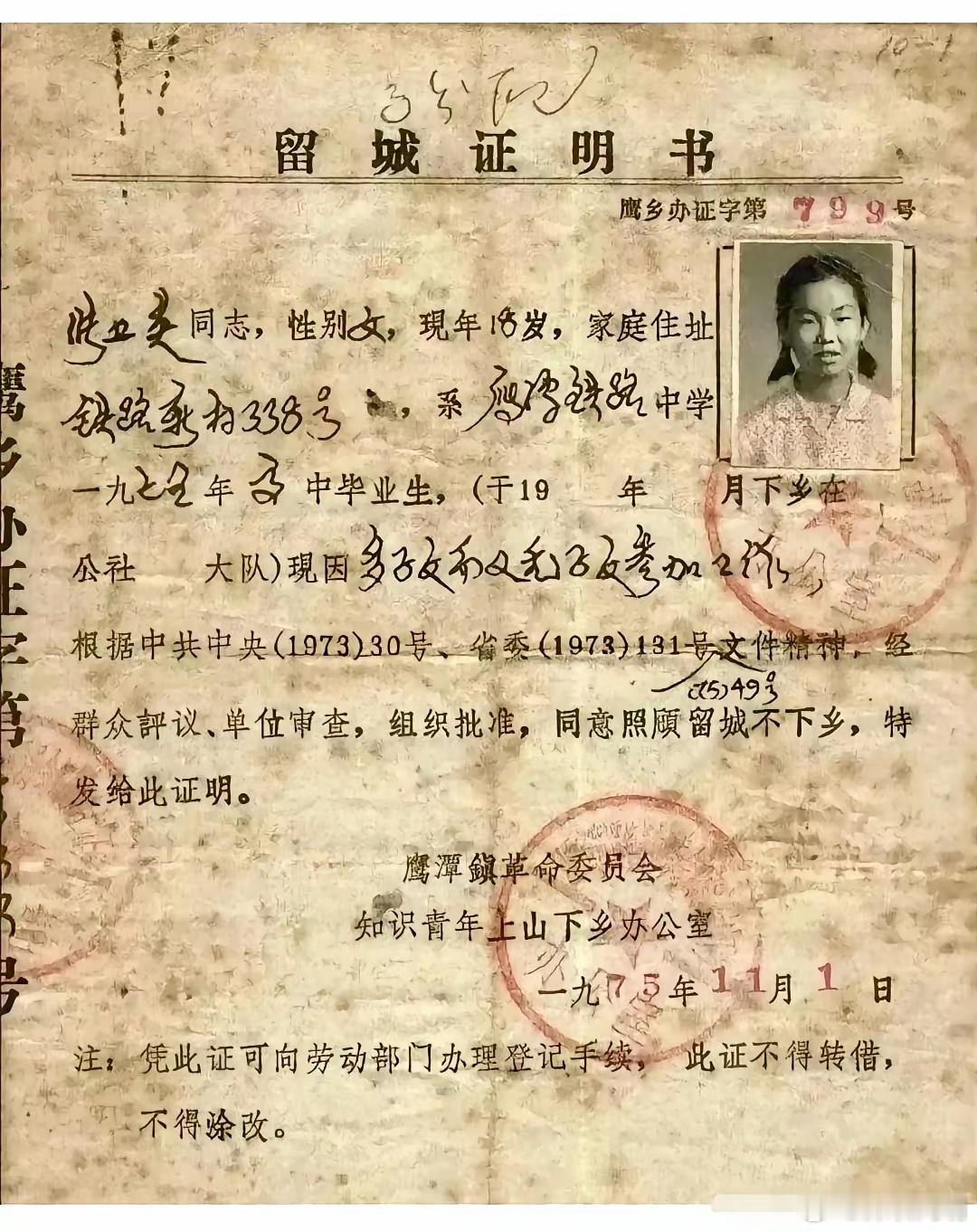 1975年，江西的留城证明书。​​​