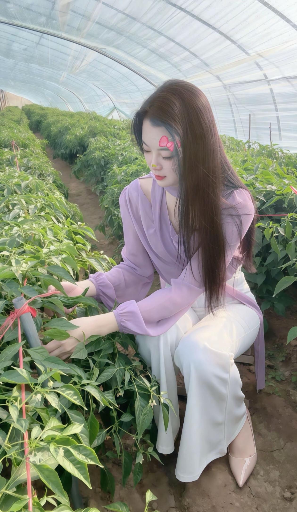 美女在温室里摘菜呢。