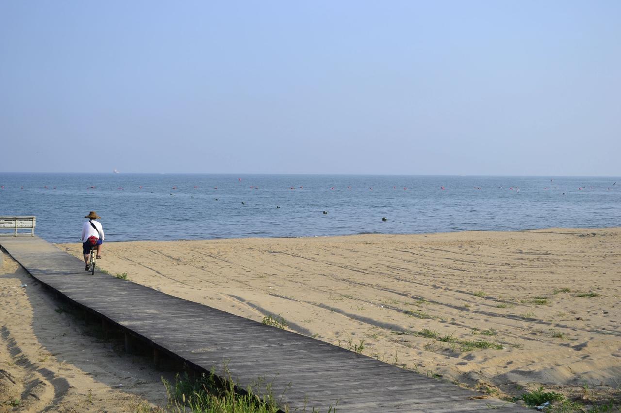 🌊木栈道牵着浪花走，单车轧过沙滩的诗行🚲。海是倒悬的天，人是孤独的标点符号。