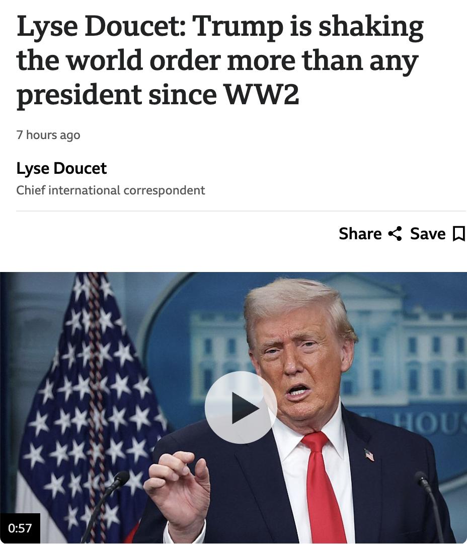 英媒：特朗普是二战以来对世界秩序冲击最大的美国总统。特朗普在其第二任期伊始就