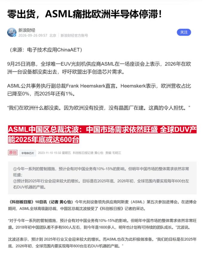 欧洲芯片设备老大哥ASML，曾经财报里欧洲市场还能占点边，如今终于熬成了“谢幕演