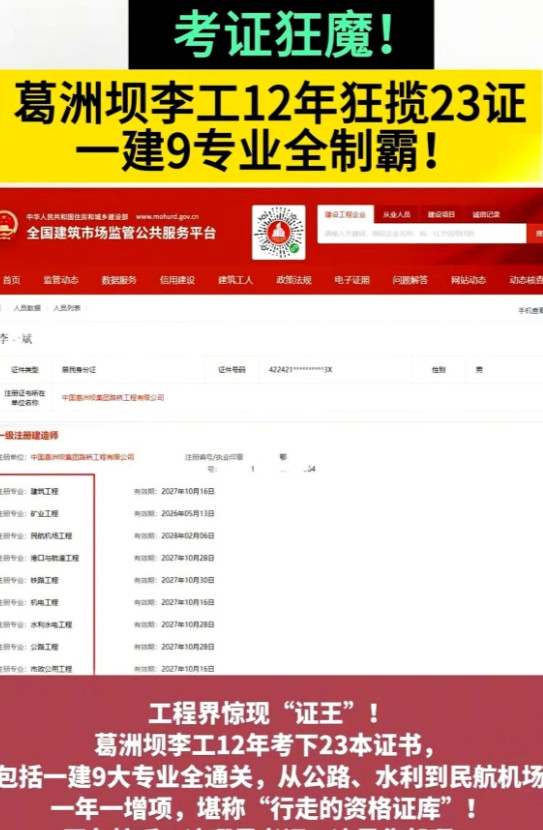 对的考证神人！葛洲坝李工12年狂揽23证，一建9专业全制霸！土木工程界考证第