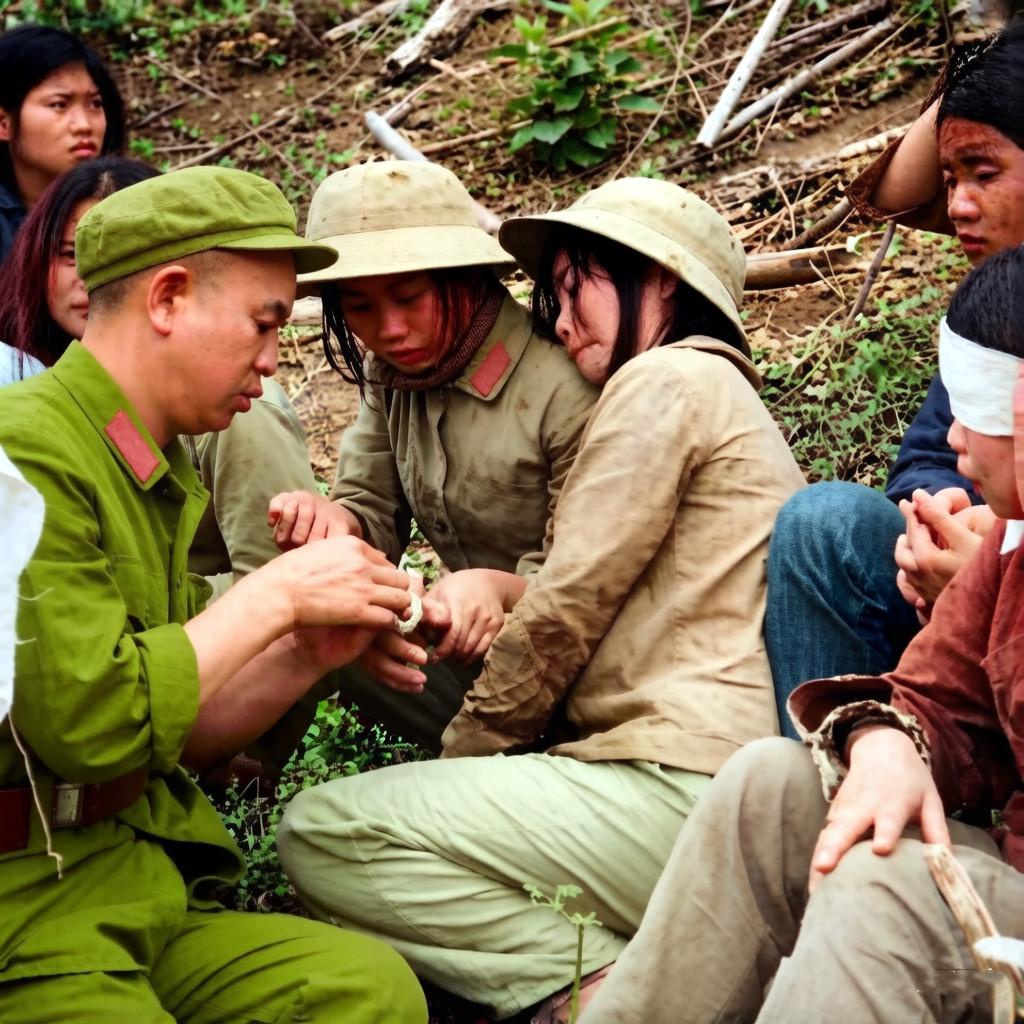 1979年对越自卫还击作战期间，我军在攻占越军阵地后，一名解放军卫生员正在给被俘
