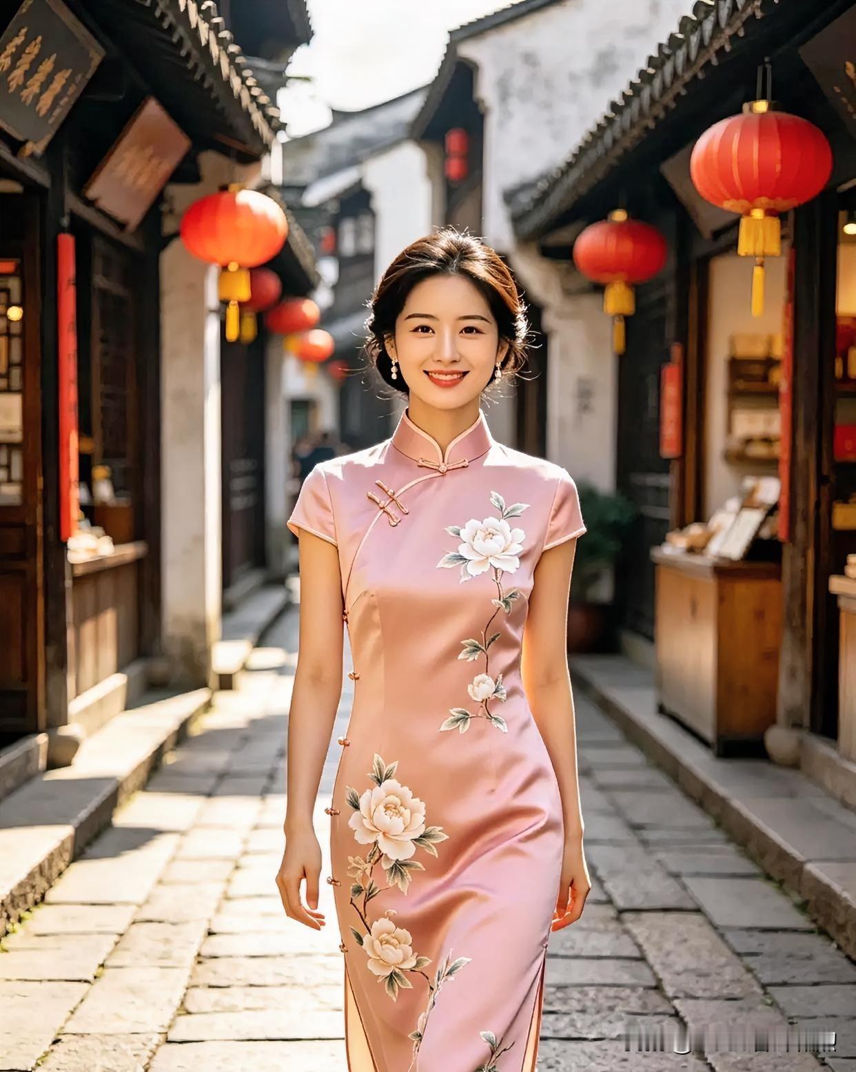 烟雨巷深灯笼红，粉黛旗袍绣芳丛。青石踏碎斜阳影，浅笑盈盈沐古风。一袭花衣