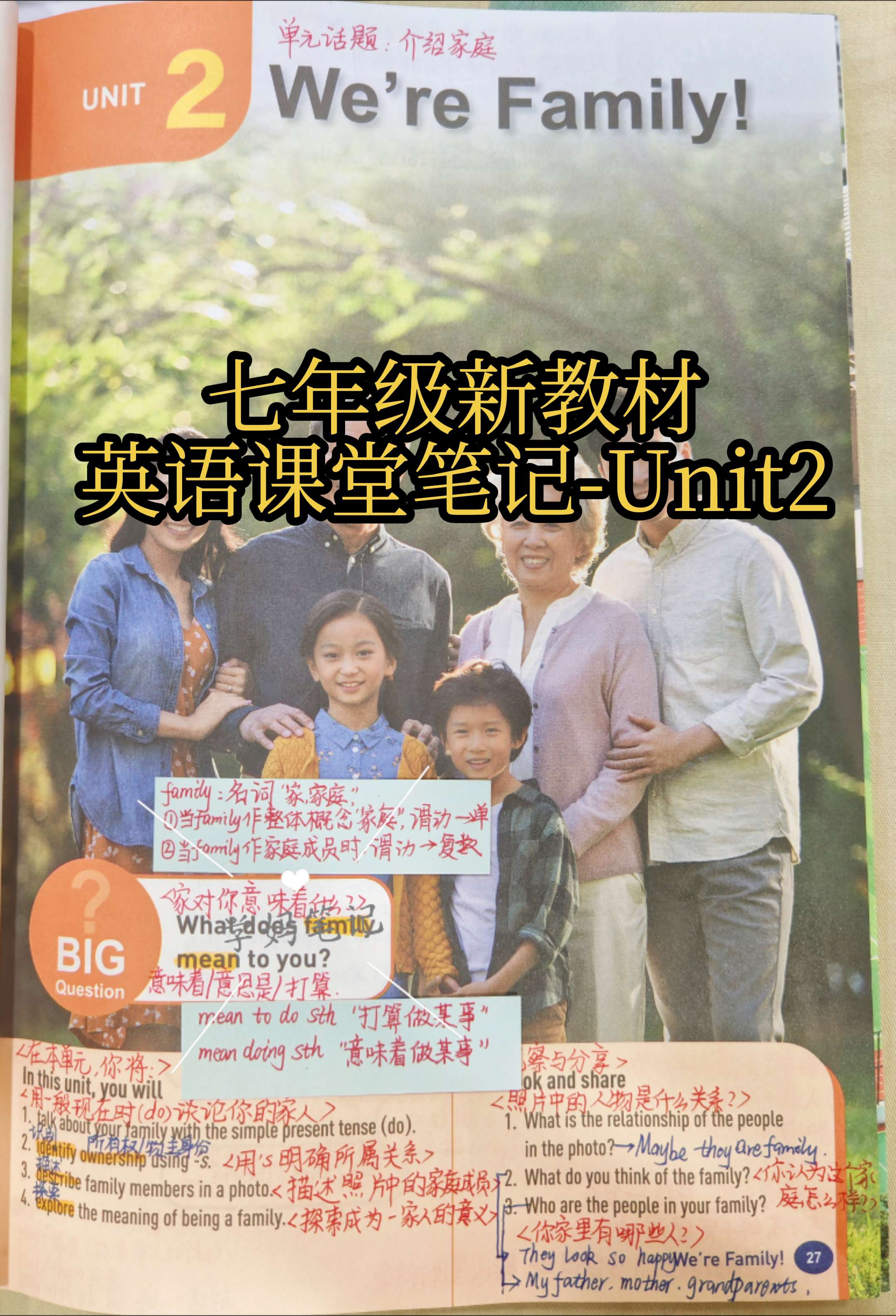 七年级新教材上册英语-unit2。第二单元的单元话题是介绍家庭，单元内...
