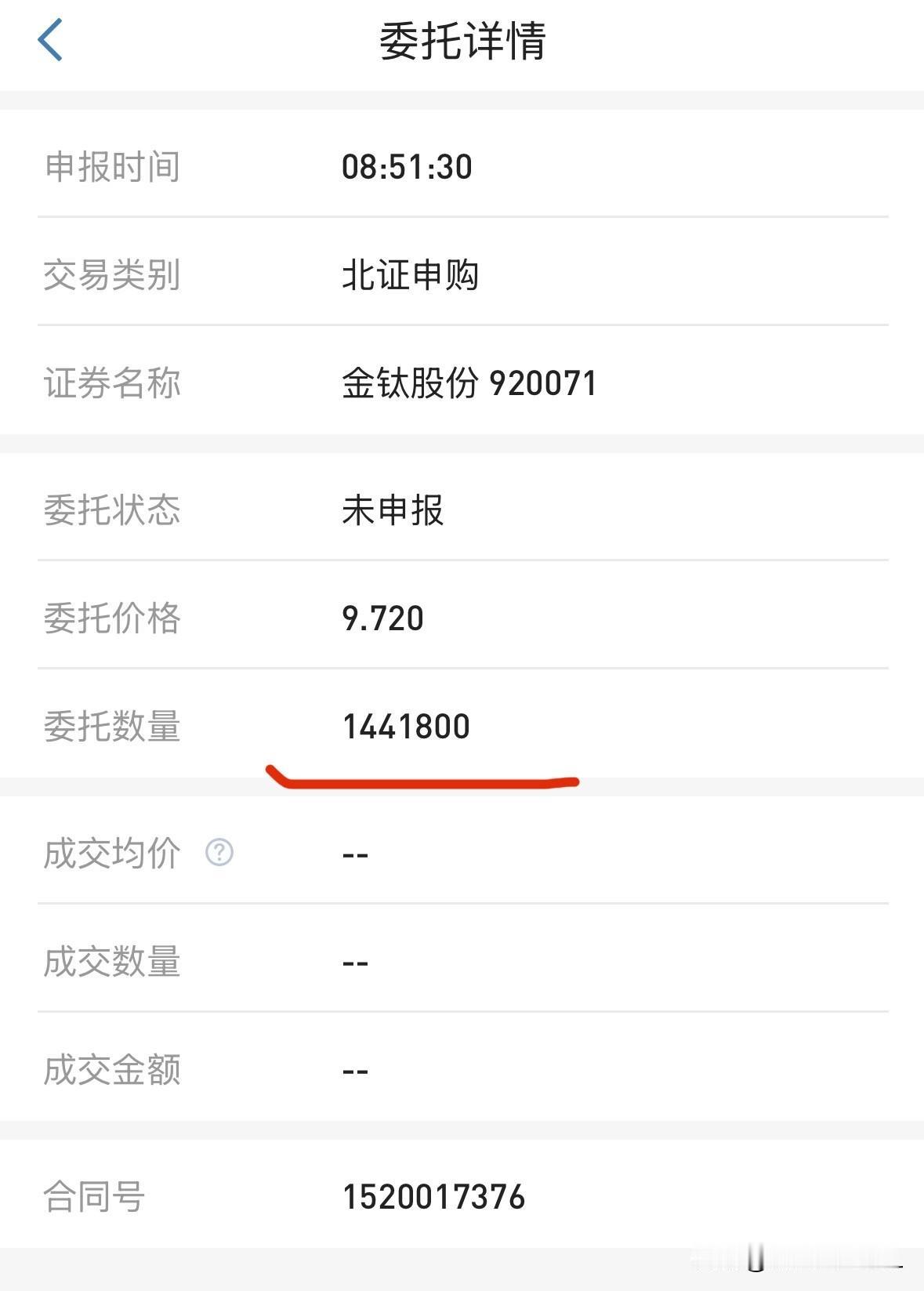 金钛股份，已挂单申购今天早晨七点多就起来了，第一件事就是打开电脑，办理银证和