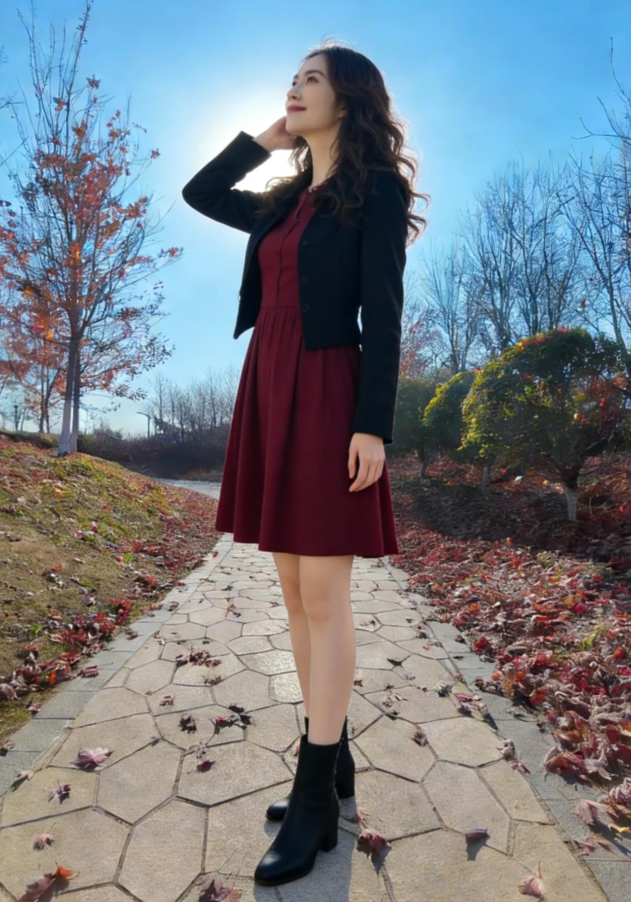 红裙一袭立秋光，落叶铺阶满径香。风拂衣裾轻轻舞，宛若霞影落身旁。