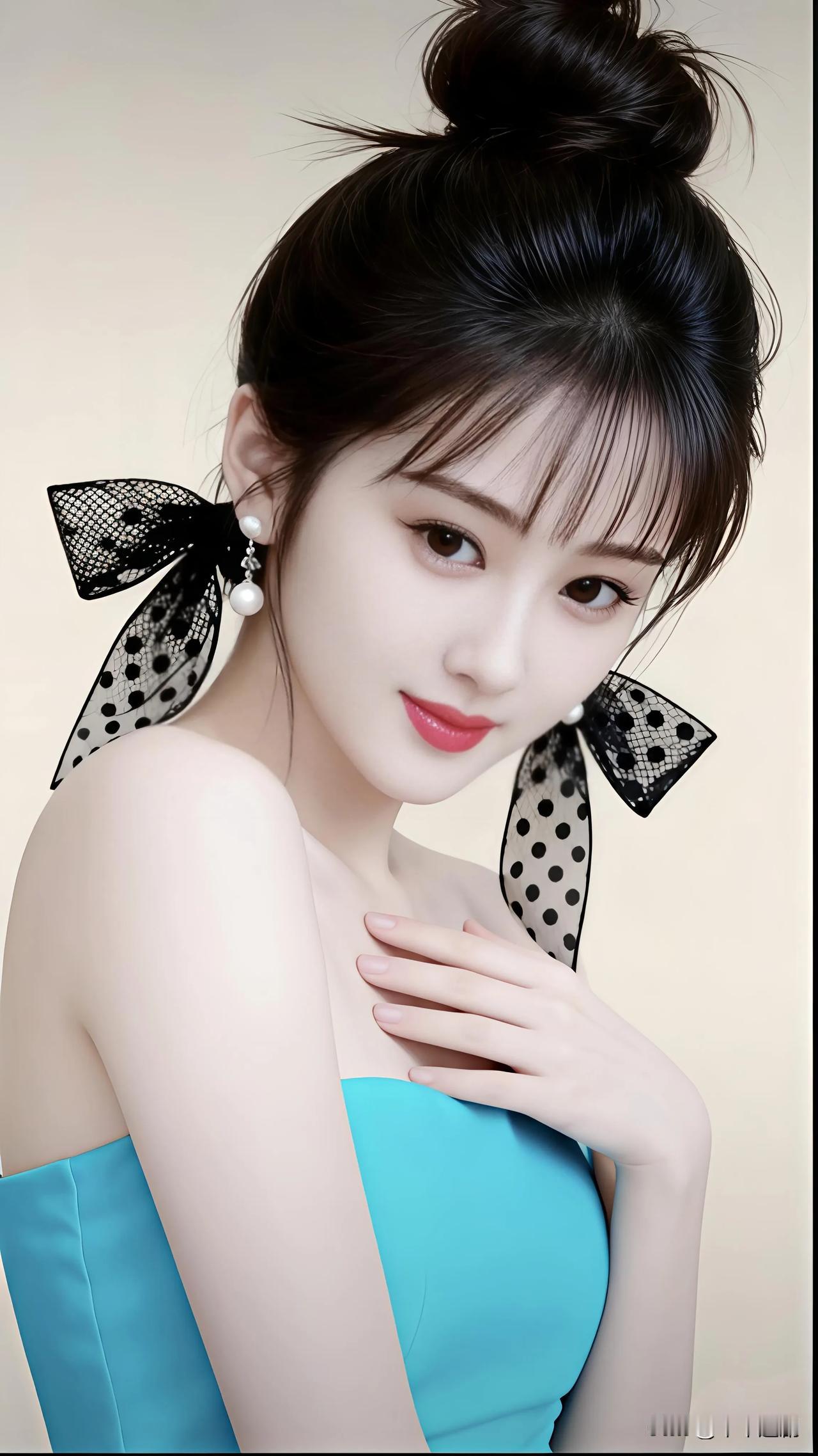 成熟稳重的美女你喜欢吗?波点蝴蝶结轻垂，蓝裙映着少女的清甜与浪漫。温柔风中年