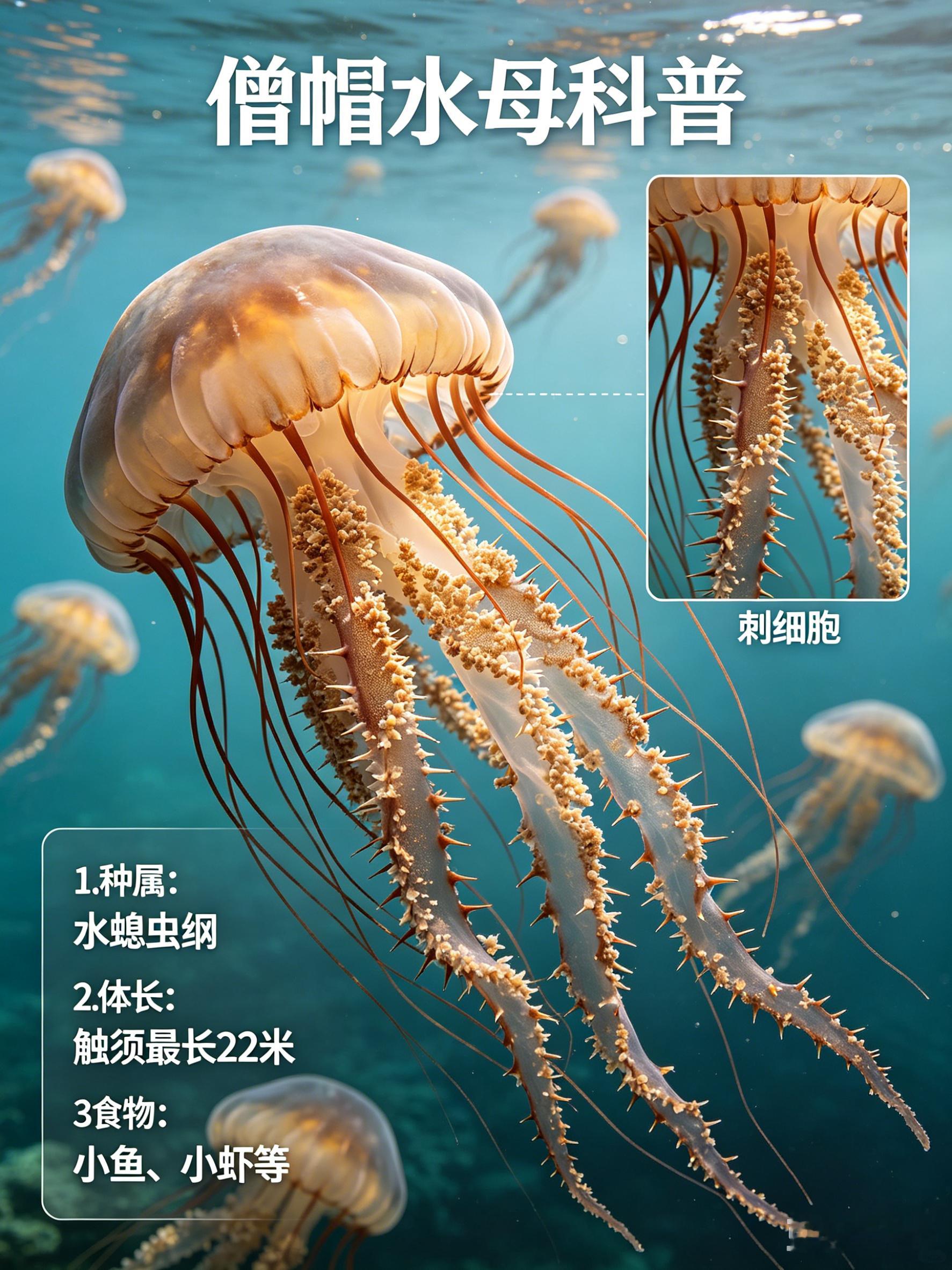 海洋朋友圈僧帽水母海洋档案种　属：水螅虫纲体　长：触须最长22米食　物：小鱼、