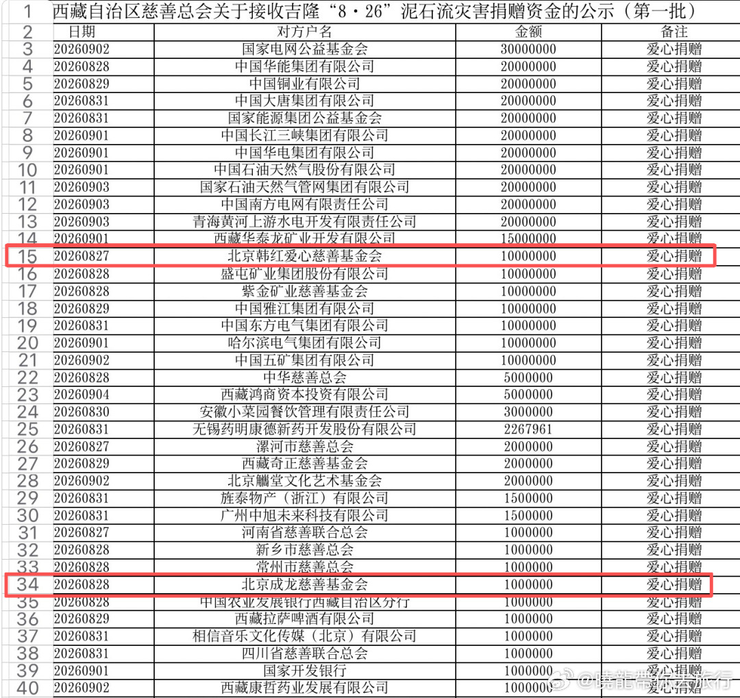 西藏自治区慈善总会公示第一批吉隆泥石流灾害捐赠资金：韩红基金会1000万元，成龙