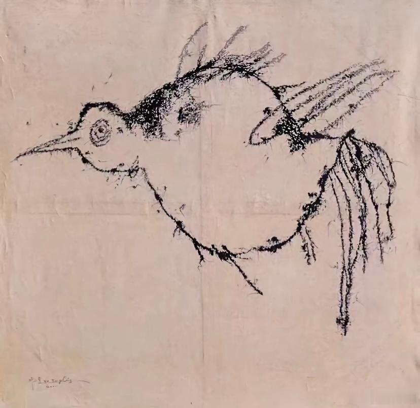 《牛来》，让我想起了我小的时候看过四川美院一个姓叶的教授，画的一只鸟（图一）。这