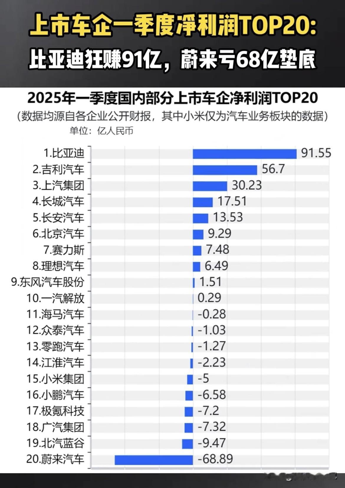 2025年车企一季度净利润TOP20：比亚迪狂赚91亿，蔚来亏损68亿垫底！增