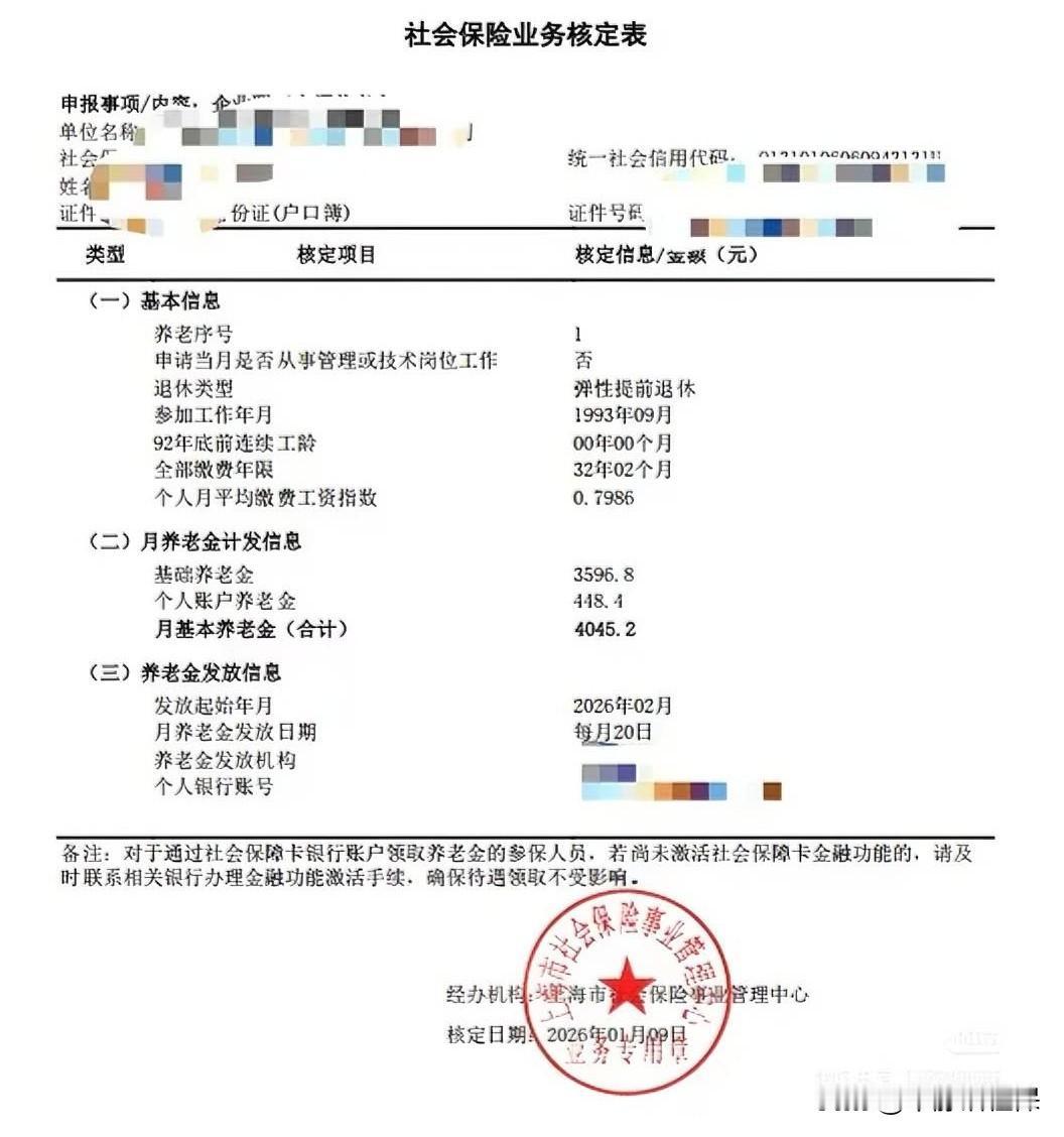 上海养老金！日子过得真快呀，进入2026年1月份，2026年退休人员的核定表已