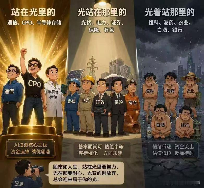 这波牛市A股的投资者可以分成三类：第一类：站在光立的股民他们持有半导体，持有通信