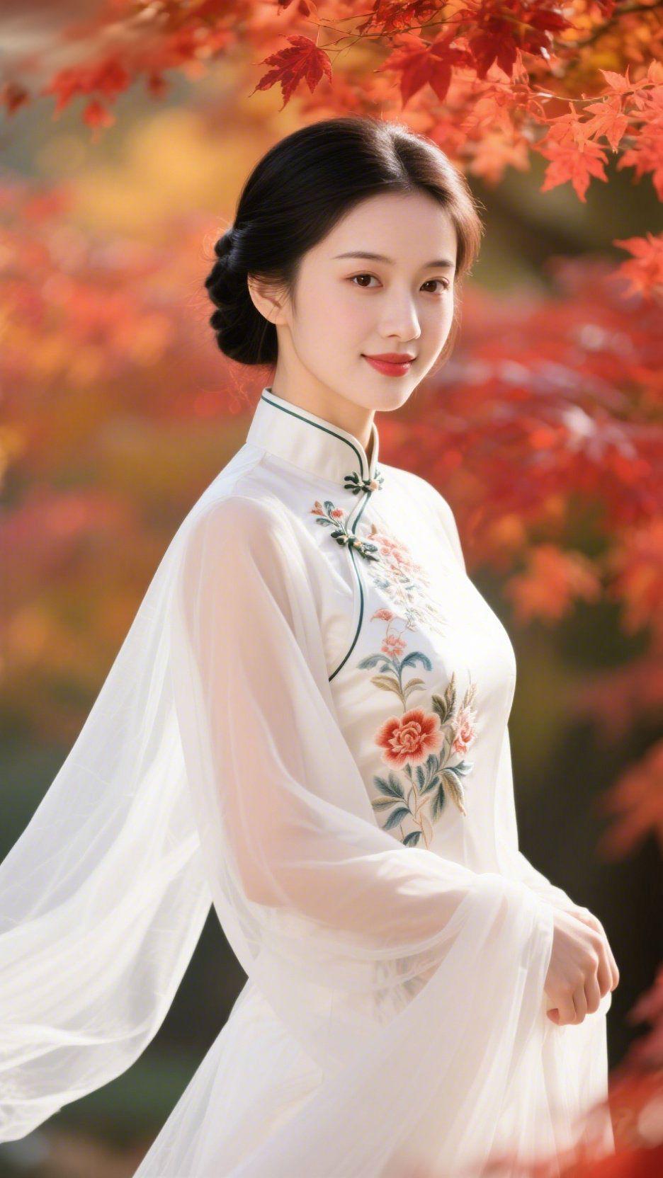 秋枫间的素雅红枫将秋光浸作暖艳的色，风过枝桠时，碎叶轻落在她素白衣摆。旗袍
