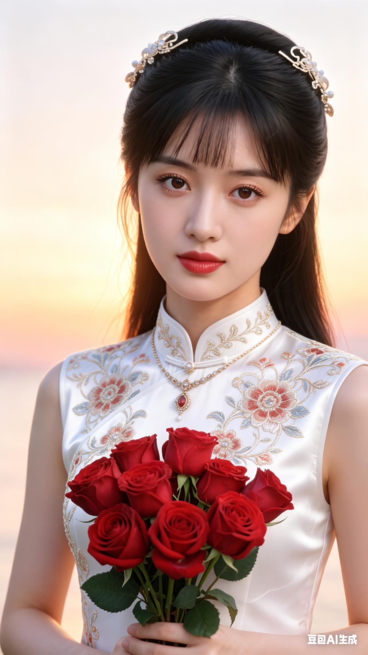 20岁绝世美人，中长发乌黑柔顺，肌肤白皙莹润如瓷。鹅蛋脸五官精致，眉眼灵动，玫瑰