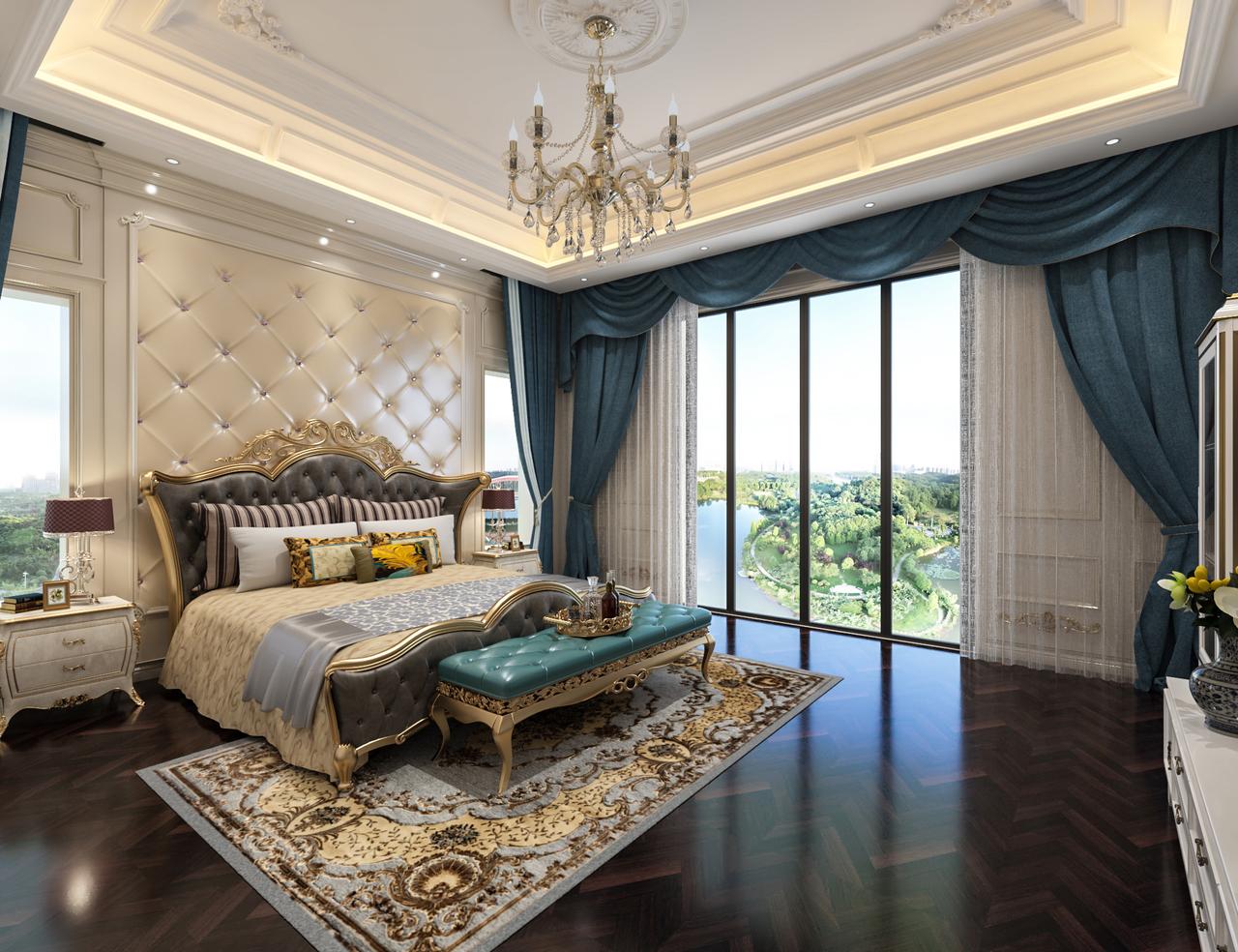 这种卧室住着也太舒服了。就光这超大的落地窗就非常吸引人了，别墅周边有人工造景