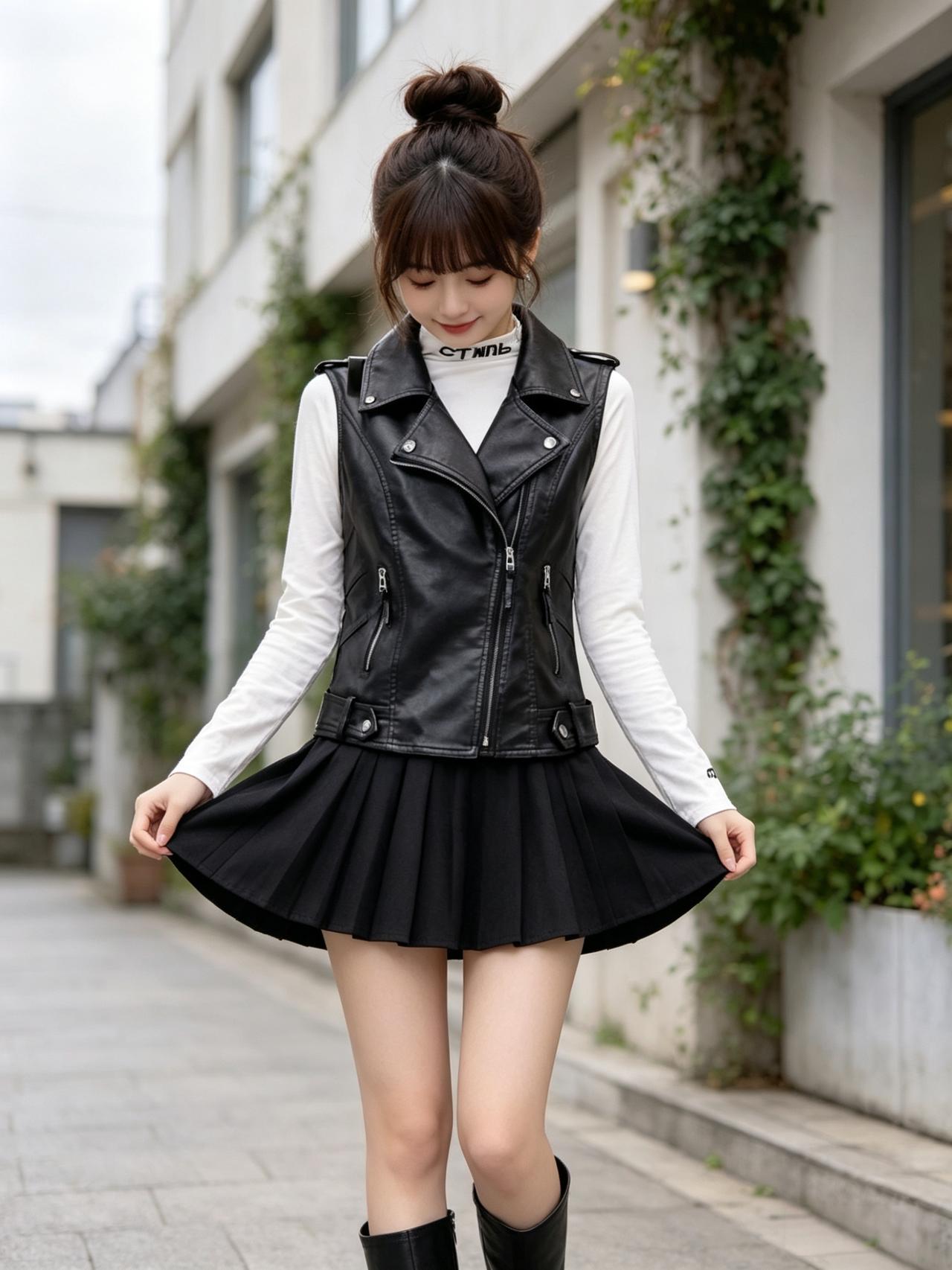 甜美少女风，黑色皮夹克搭配百褶裙，时尚又可爱！