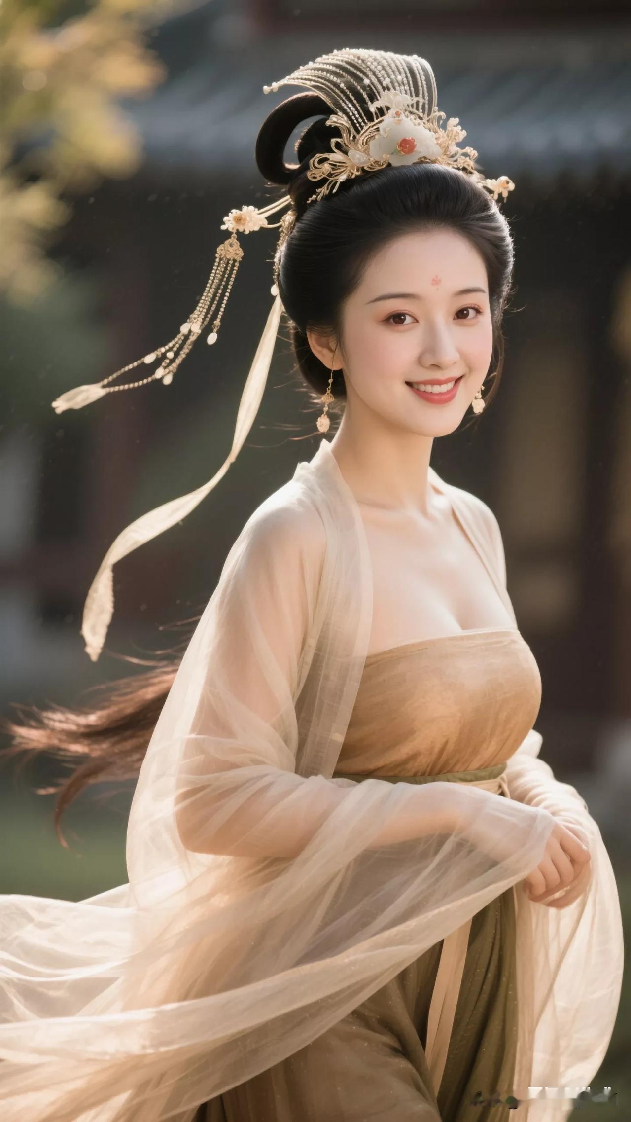 古风美女，笑靥如花，轻纱飘逸，宛如画中人。张立启原创书画AI作品古仕女发髻服饰集