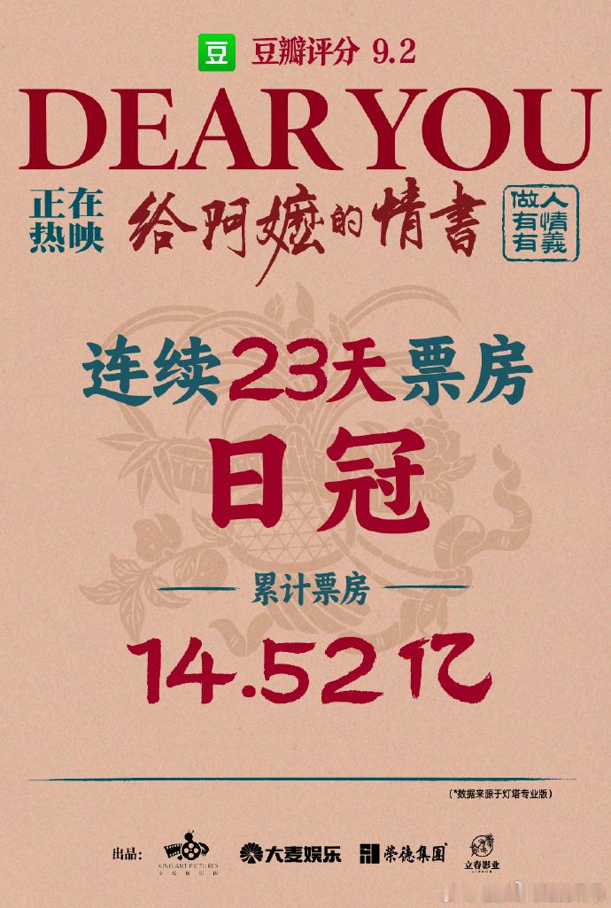 给阿嬷的情书票房超过镖人恭喜恭喜，估计一会《镖人》要出祝福海报了。《给阿嫲的情书