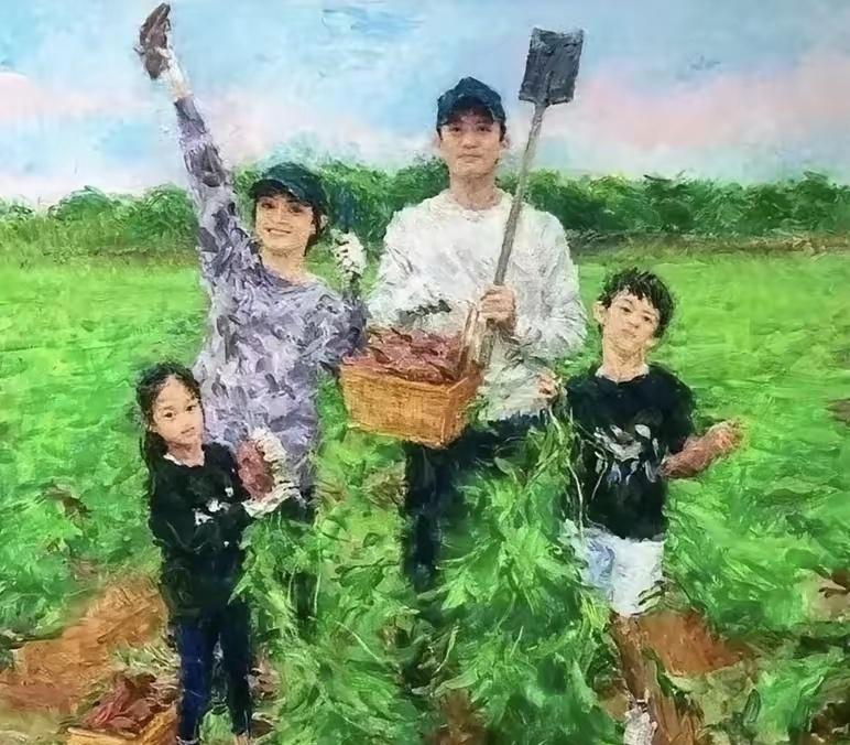 这是孙俪手绘的全家福油画，画的太传神了！一看就是幸福一家人，果然娘娘还是太全面了